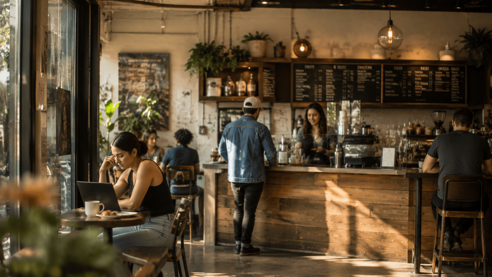 Independent Austin coffee shop interior with warm natural light