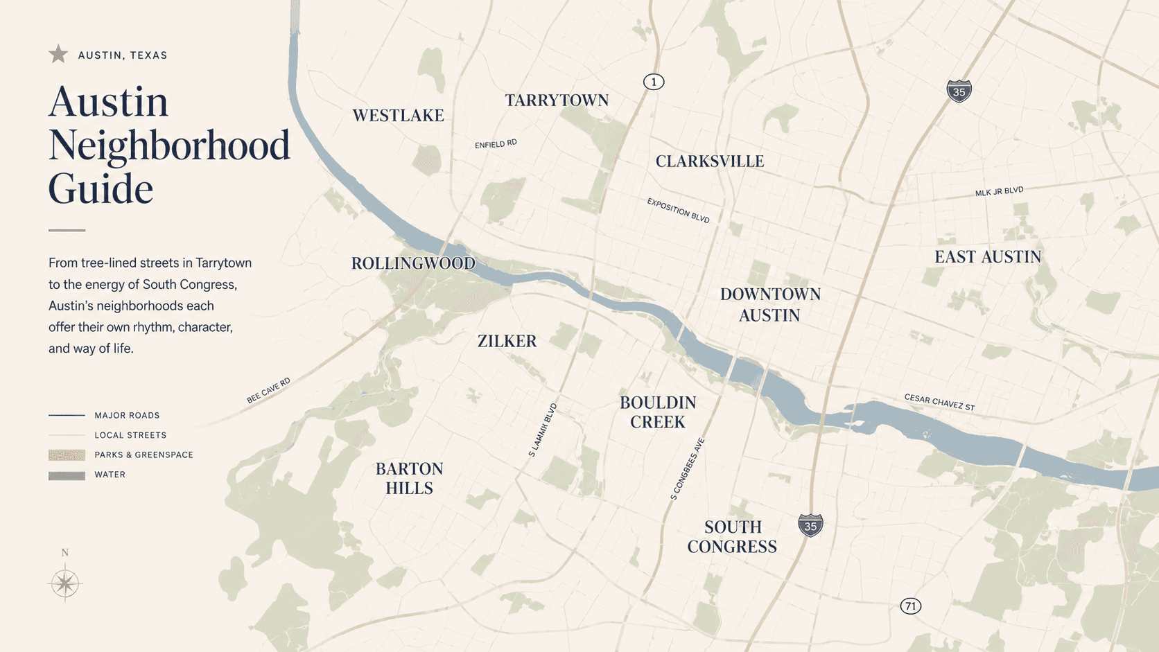 Editorial map of central Austin showing Zilker, Bouldin, Clarksville, Tarrytown, Rollingwood, Barton Hills, South Congress, East Austin, and Westlake