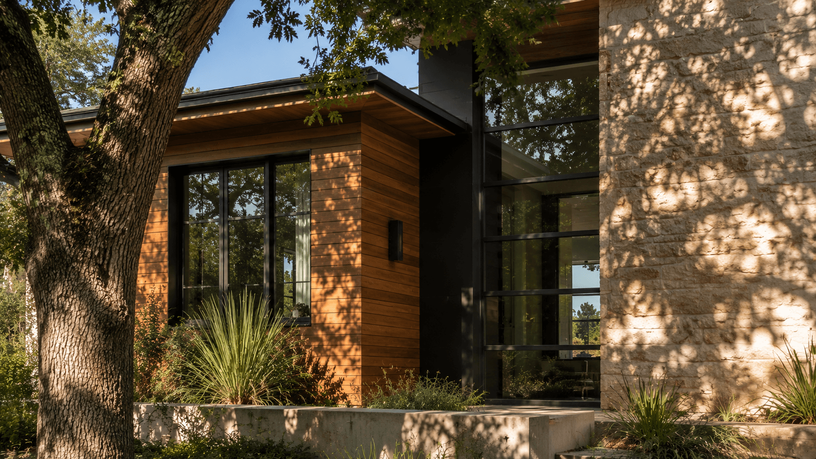 Modern Austin residential architecture surrounded by oak trees