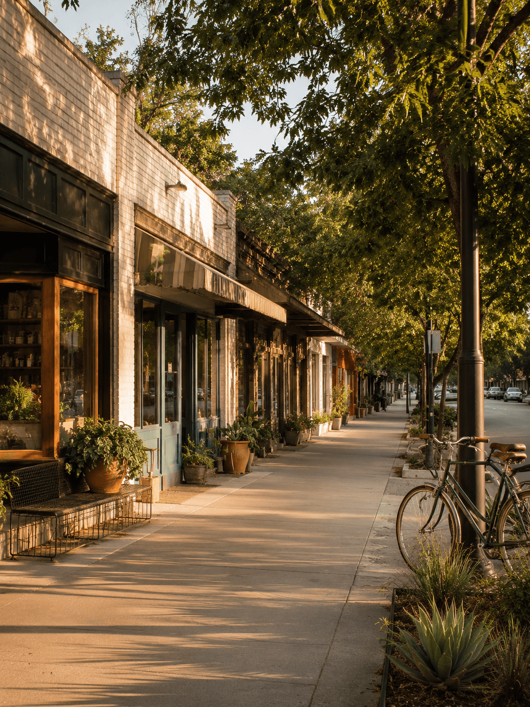 Walkable neighborhood street with restaurants and trees