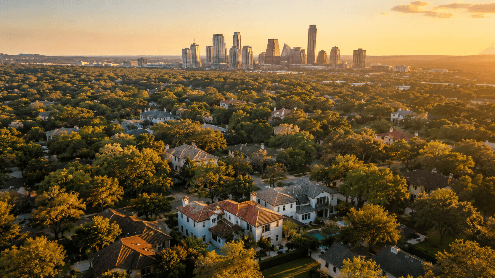 Aerial view of Austin neighborhoods at golden hour