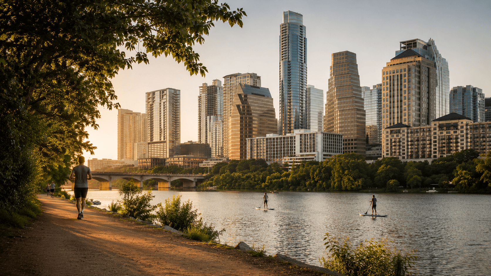 Lady Bird Lake (Town Lake) in central Austin with the downtown skyline behind