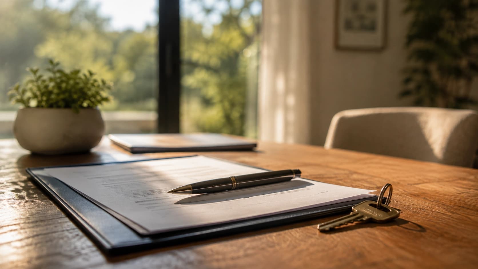 A tidy closing table setup with a pen, a stack of paperwork, and a house key resting on a folder, suggesting the final stage of an Austin home purchase
