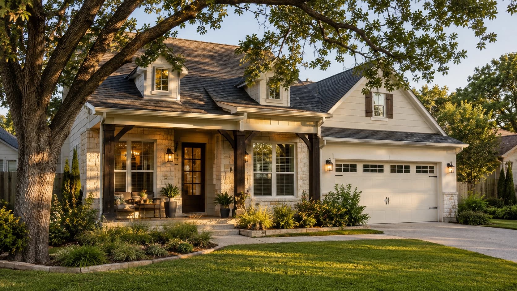 An Austin single-family home exterior with a well-maintained composition shingle roof under a clear sky, representing the condition insurers evaluate most closely