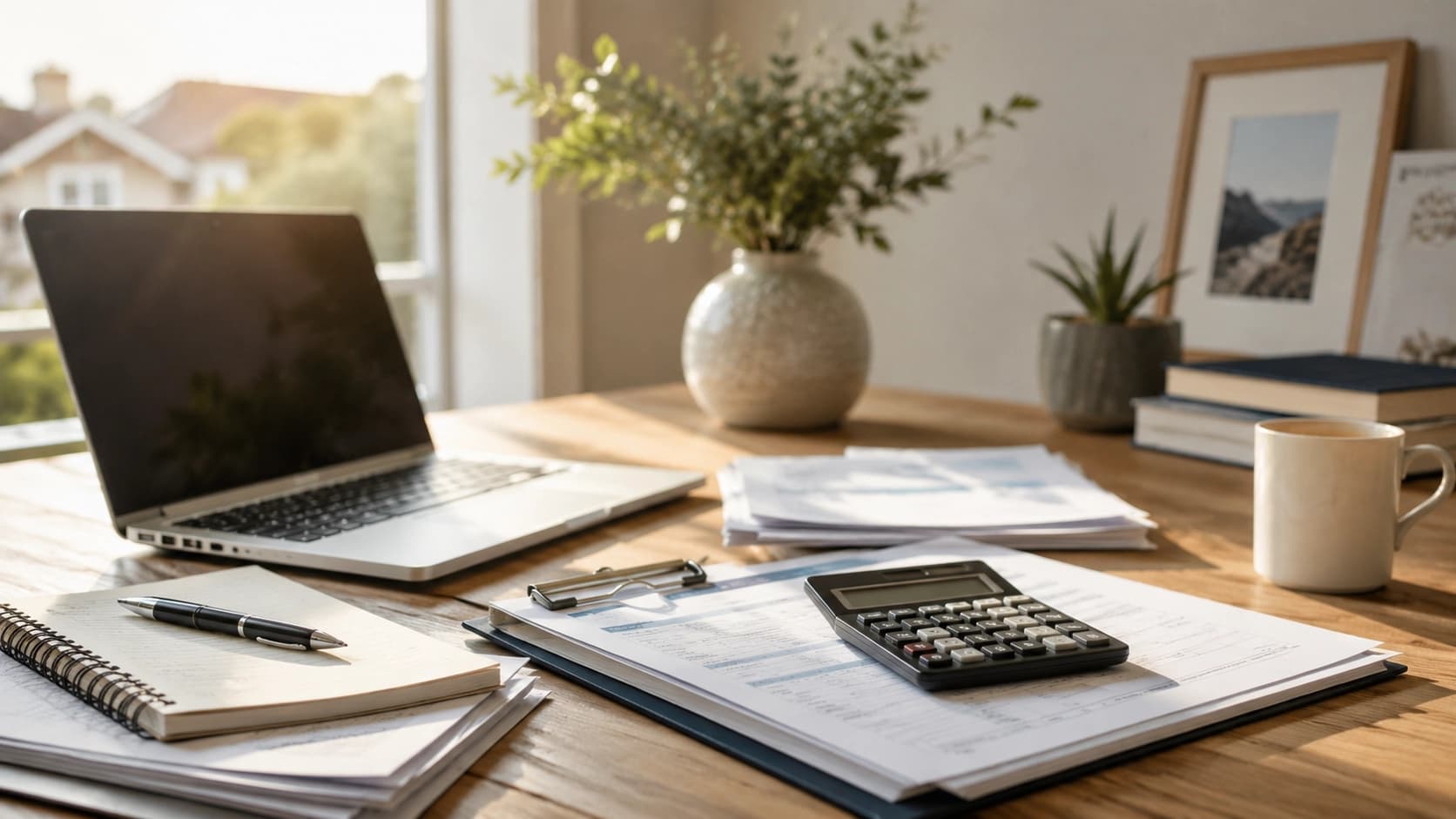 A well-lit Austin home office desk with mortgage documents, a laptop, and a calculator, suggesting a buyer reviewing financing options