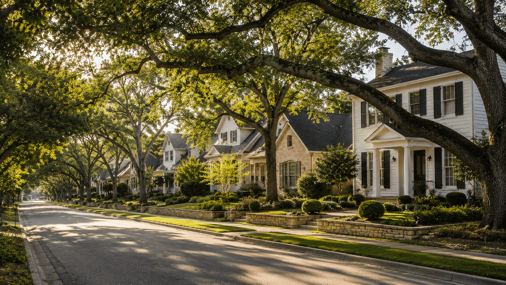 A tree-lined residential street in an Austin neighborhood known for strong schools, with mature oak trees and well-kept homes
