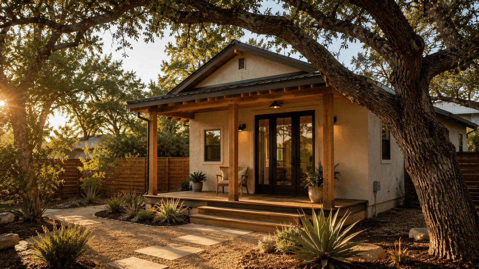 A well-designed detached accessory dwelling unit behind a main Austin residence, surrounded by mature oak trees in warm afternoon light