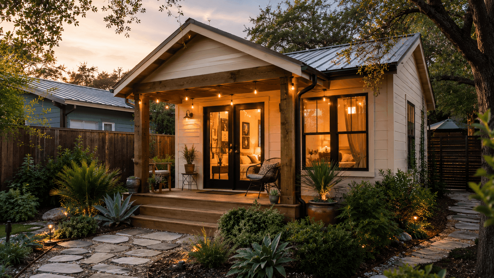 An inviting Austin short-term rental property with a beautifully designed covered porch and mature oak trees in warm natural light