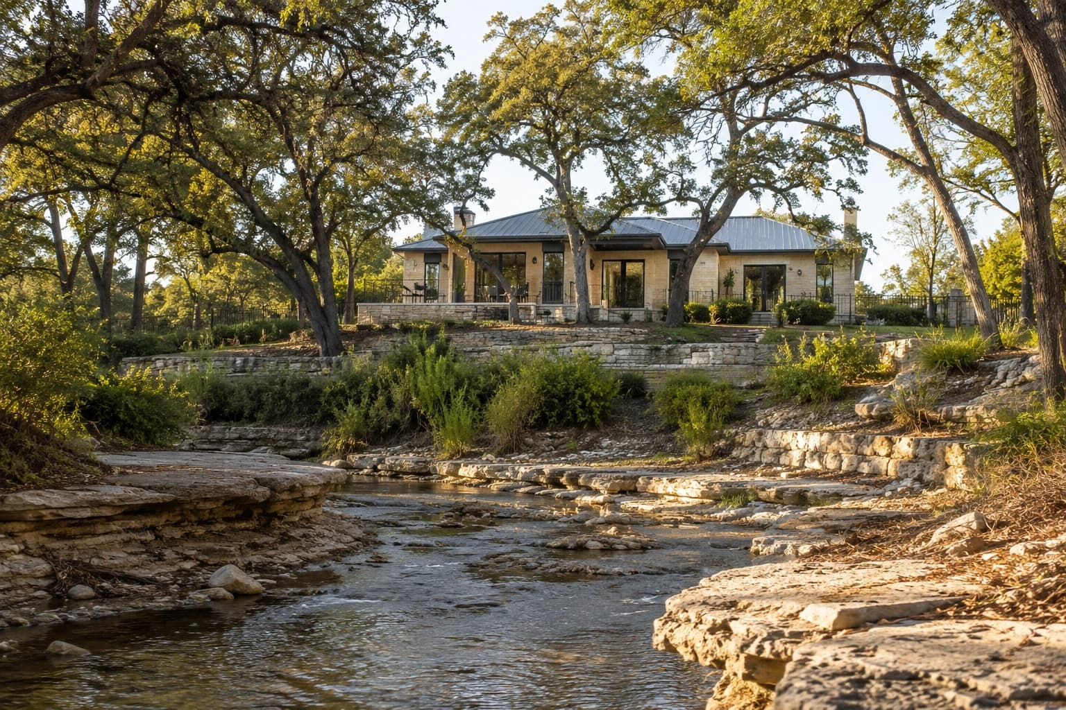 A well-maintained Austin home on elevated terrain above a creek corridor, showing the contrast between flood-exposed and protected residential land in warm natural daylight