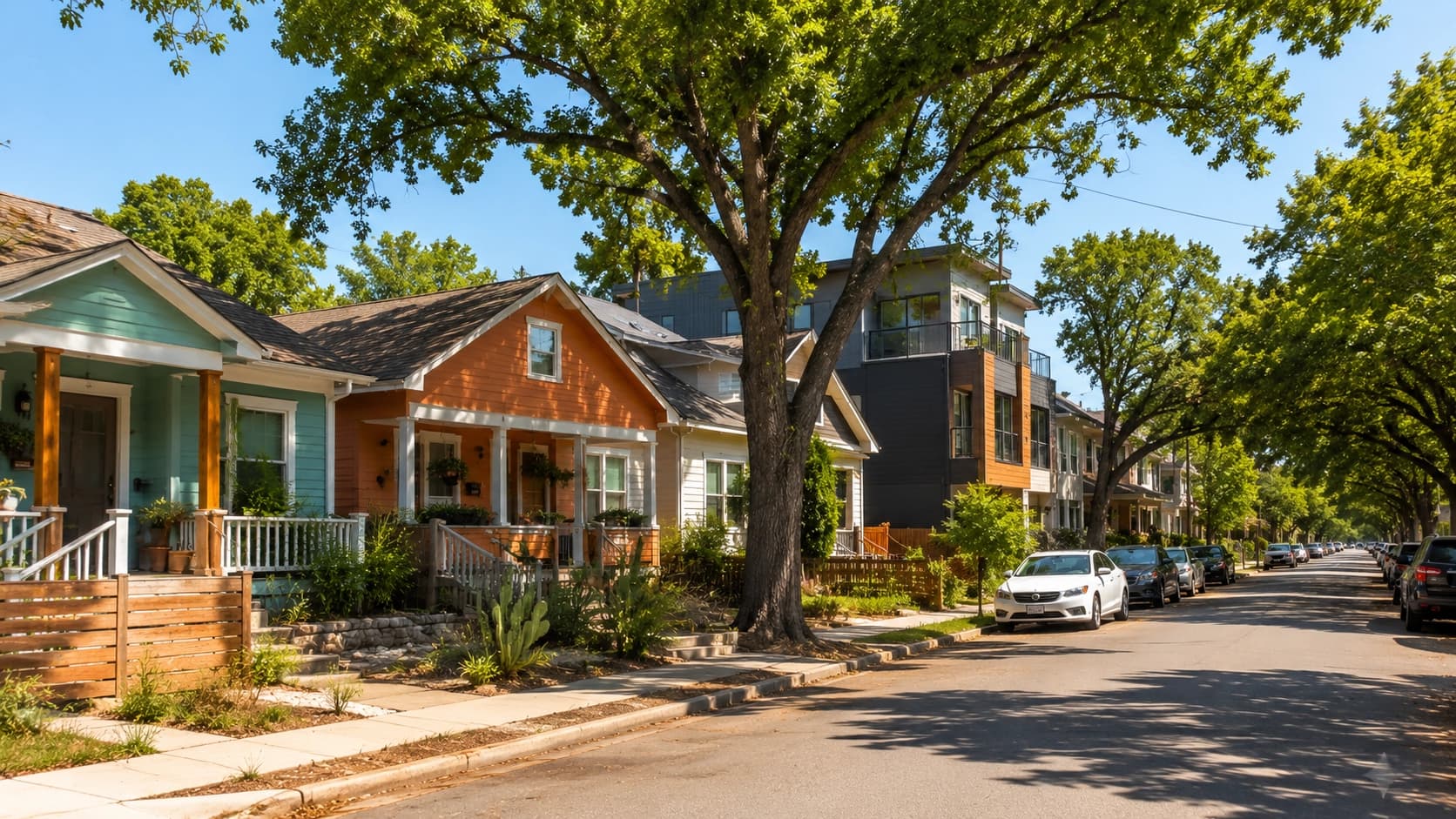 A colorful residential street in East Austin with bungalow homes, mature pecan trees, and the energy of a neighborhood in active transformation on a bright afternoon