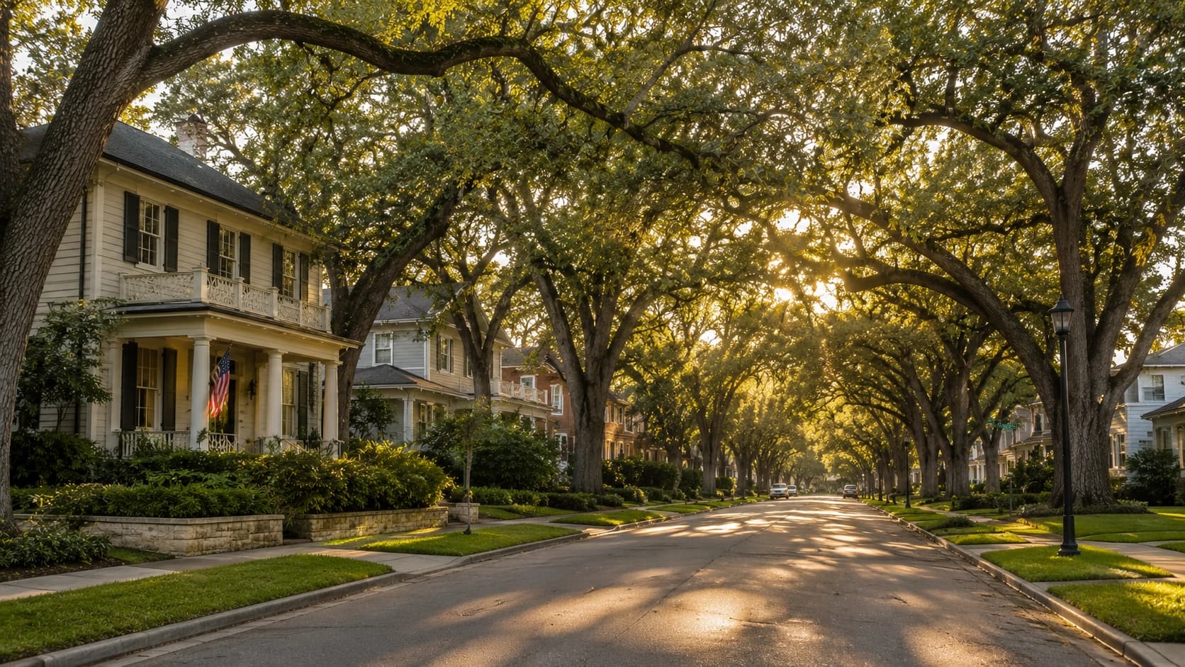 A gracious Tarrytown street in central Austin lined with towering live oak trees and well-kept homes in warm afternoon light, showing the neighborhood's established residential character