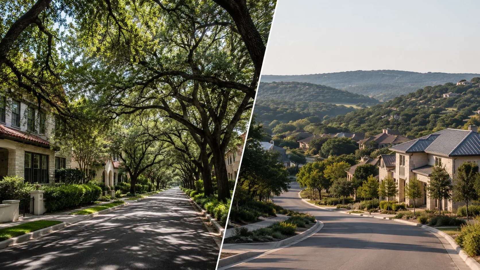 A split view of two distinct Austin residential streets — one shaded by mature oak trees near downtown, the other opening onto Hill Country terrain — representing the choice between Tarrytown and Westlake Hills