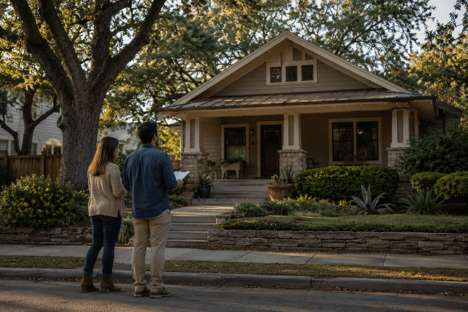 A buyer couple standing outside a well-maintained Austin craftsman bungalow on a tree-lined street, looking at the home thoughtfully in late afternoon light