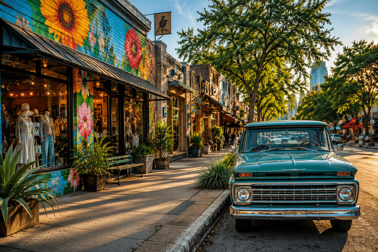 Street-level view of a distinct Austin neighborhood illustrating local character and architecture
