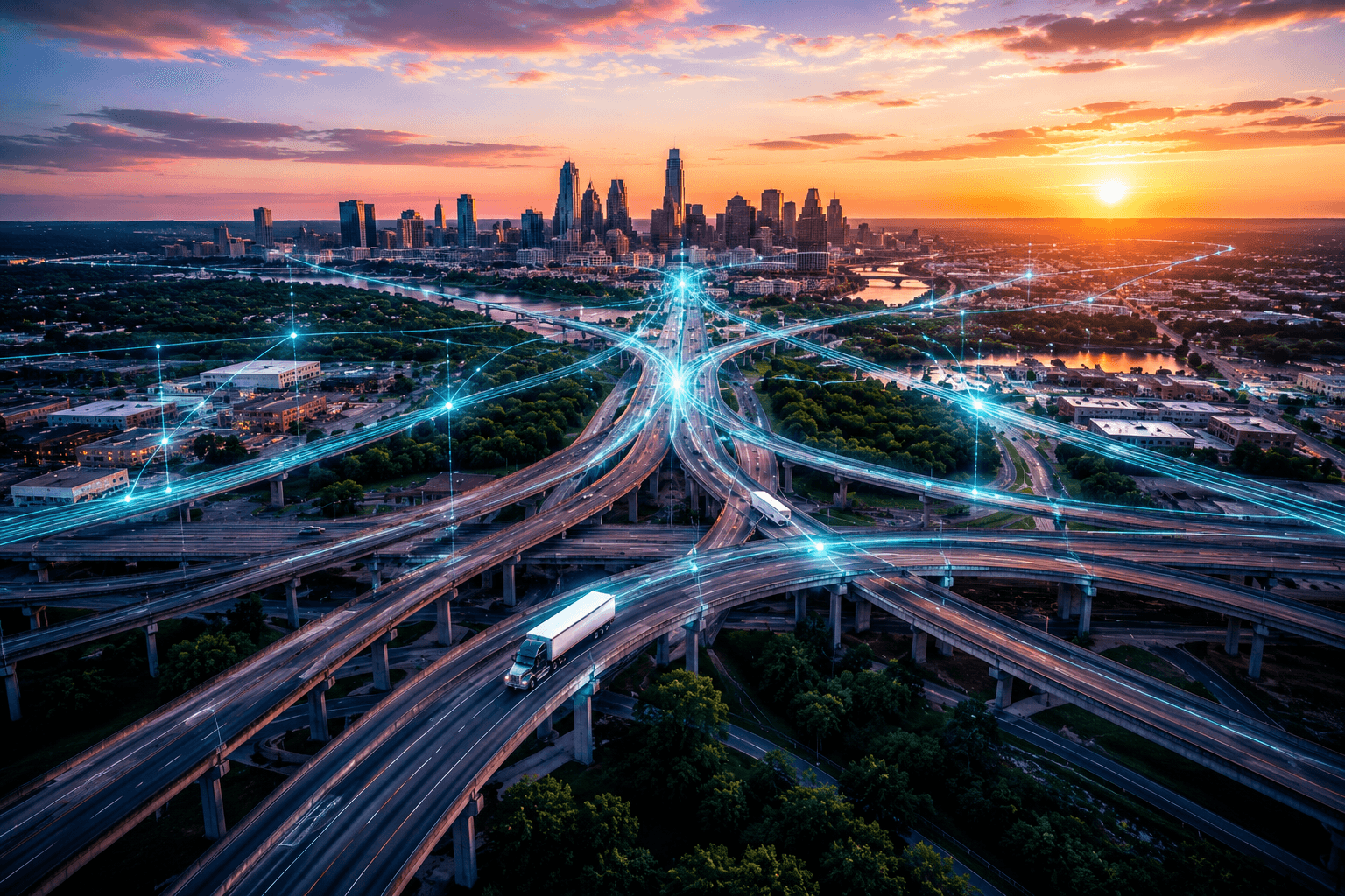 A thoughtful view of an Austin neighborhood from above, illustrating commute and lifestyle mapping