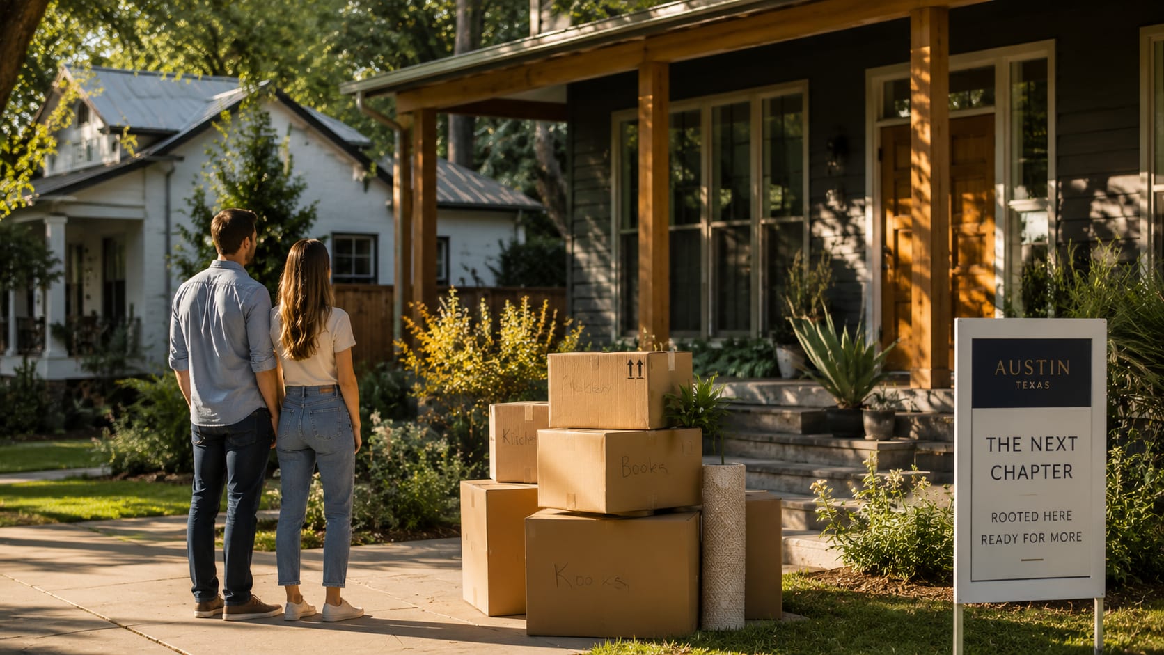 A tree-lined central Austin street in soft afternoon light — the kind of block a relocation buyer learns to read