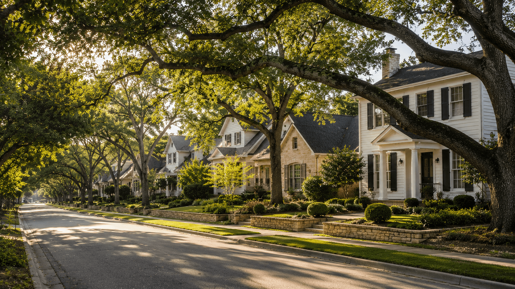 A tree-lined residential street in an Austin neighborhood known for strong schools, with mature oak trees and well-kept homes