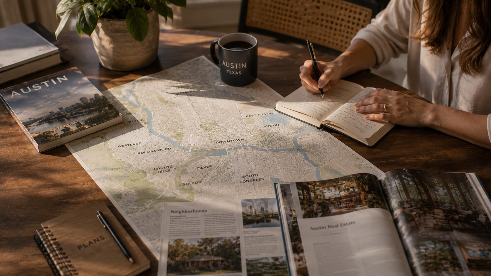 An editorial image suggesting thoughtful planning — a desk, a notebook, and a view of an Austin neighborhood