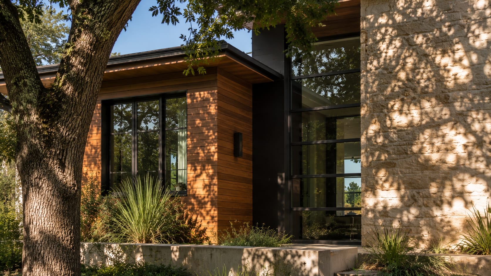 Modern Austin residential architecture surrounded by oak trees