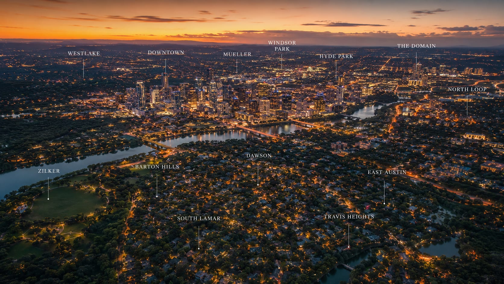 A map-style view of an Austin neighborhood from above