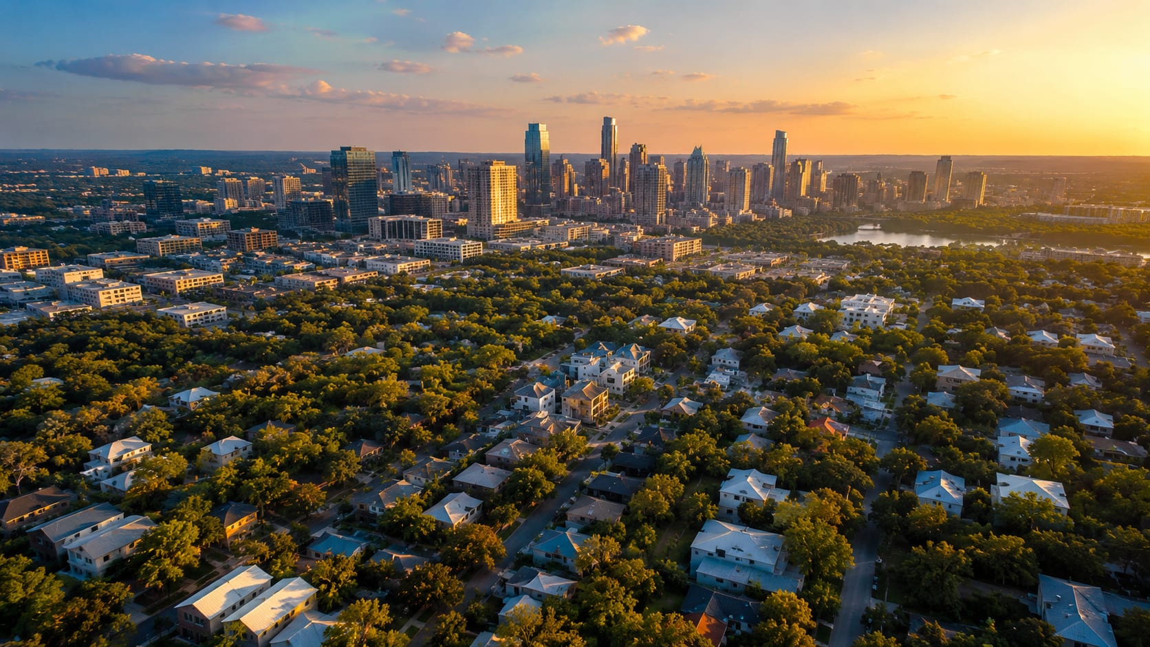 Aerial view of Austin neighborhoods with downtown in the distance