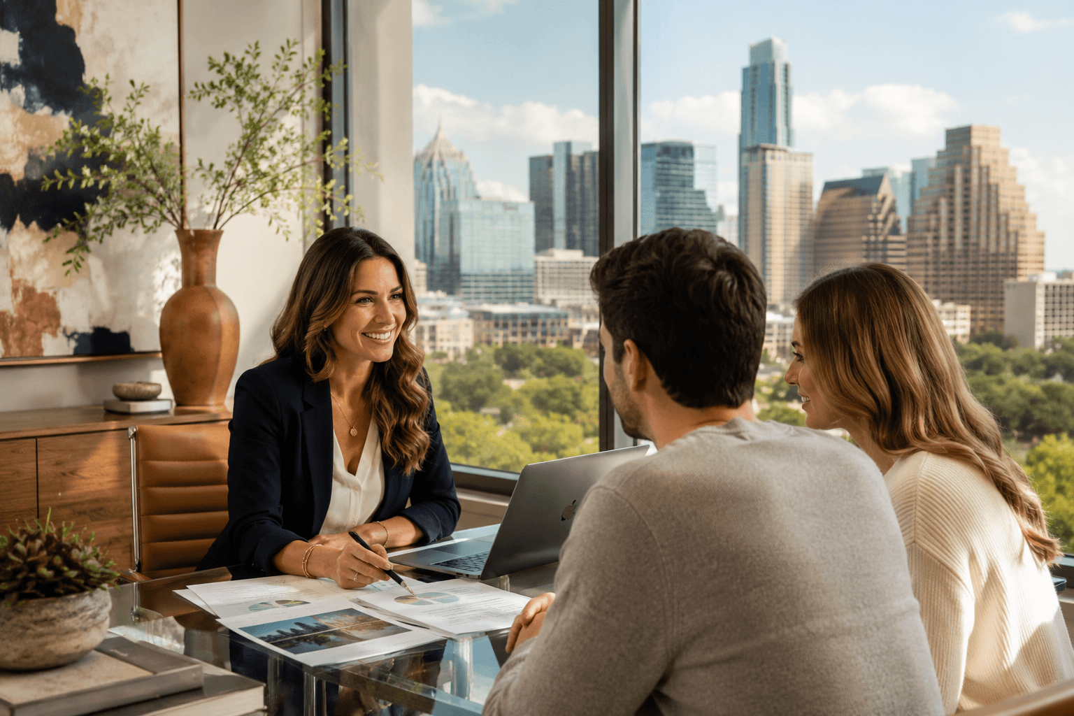 A buyer reviewing neighborhood information with a real estate advisor in Austin