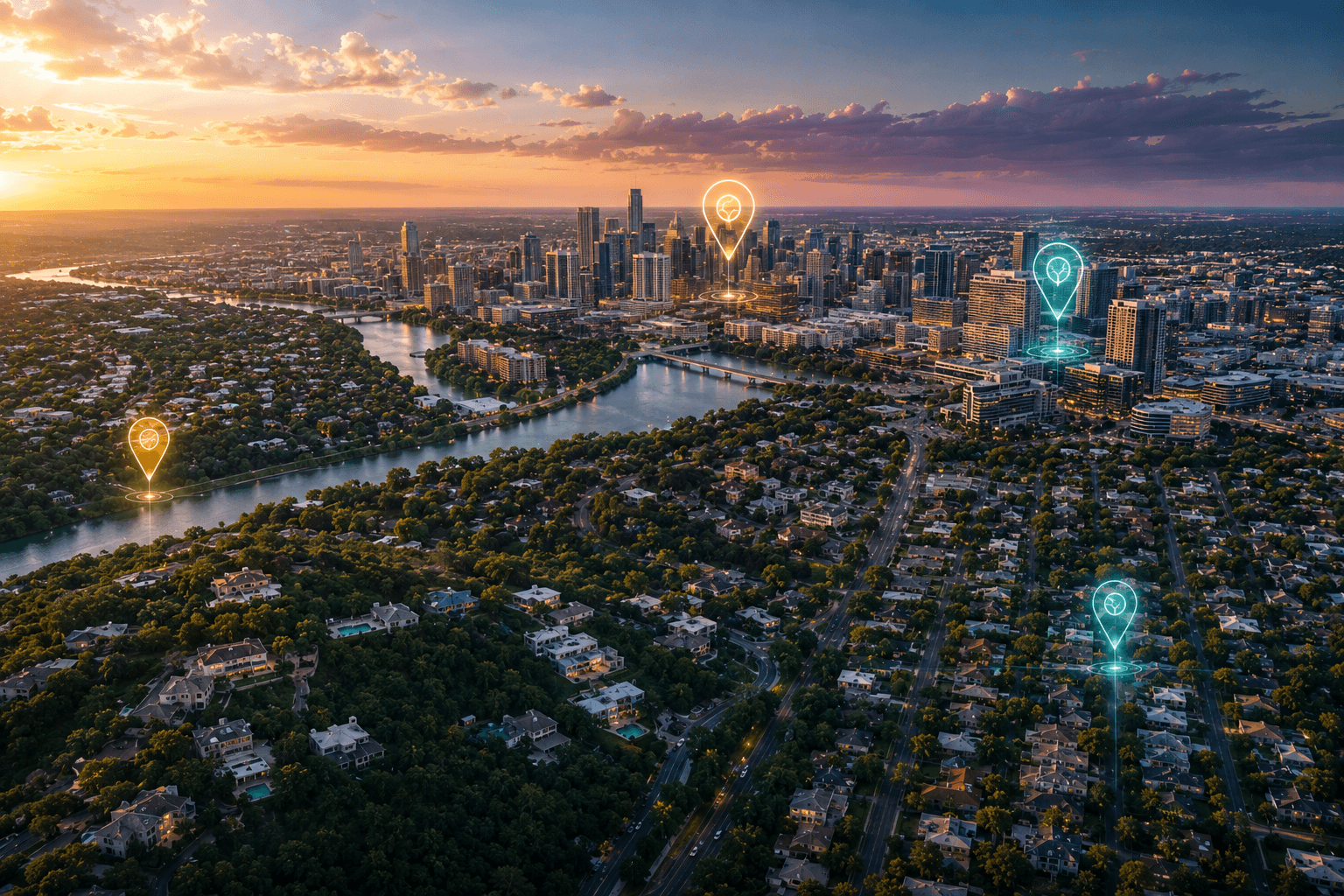 Aerial view of Austin neighborhoods illustrating distinct micro-market areas