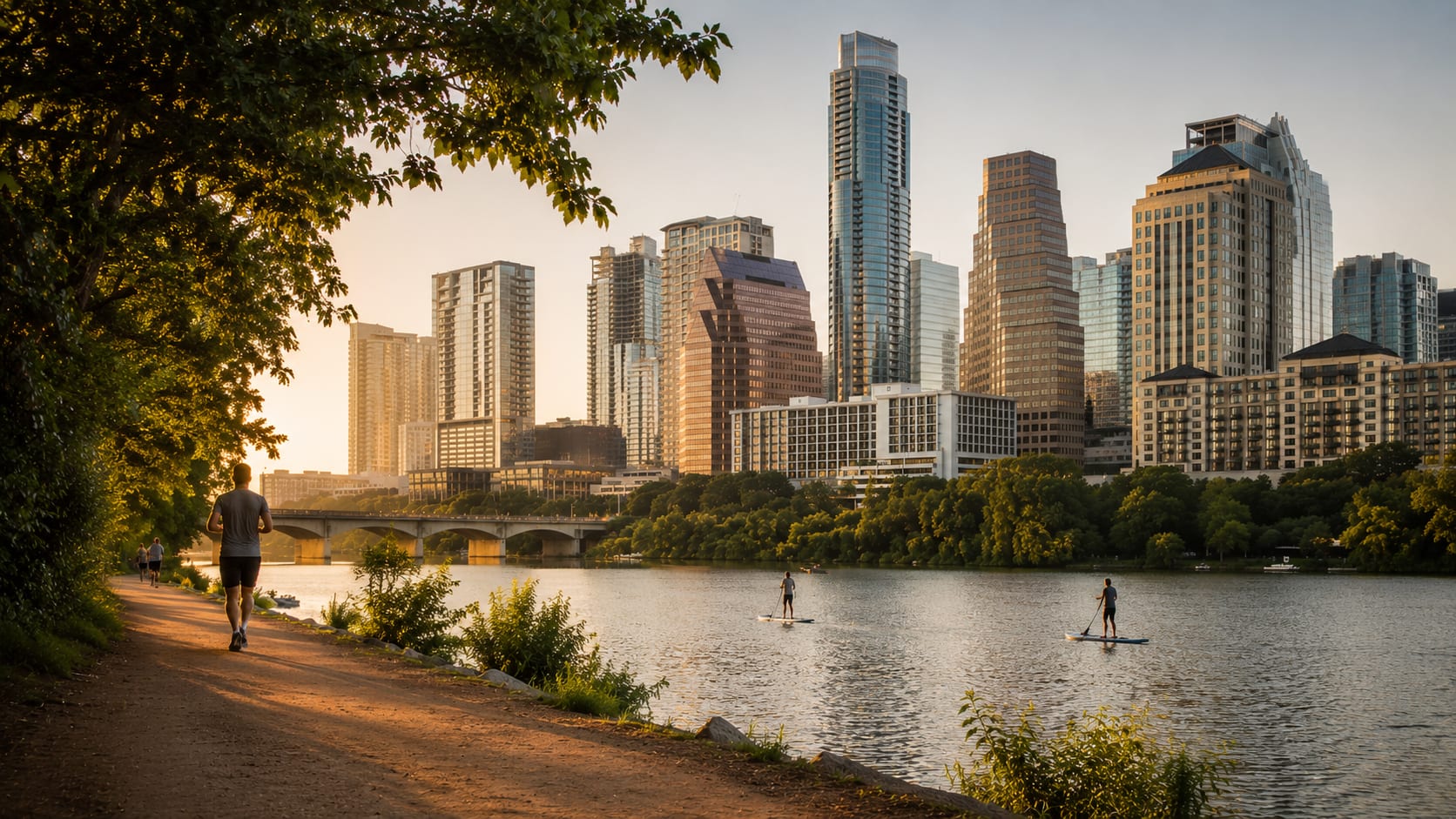 Lady Bird Lake (Town Lake) in central Austin with the downtown skyline behind