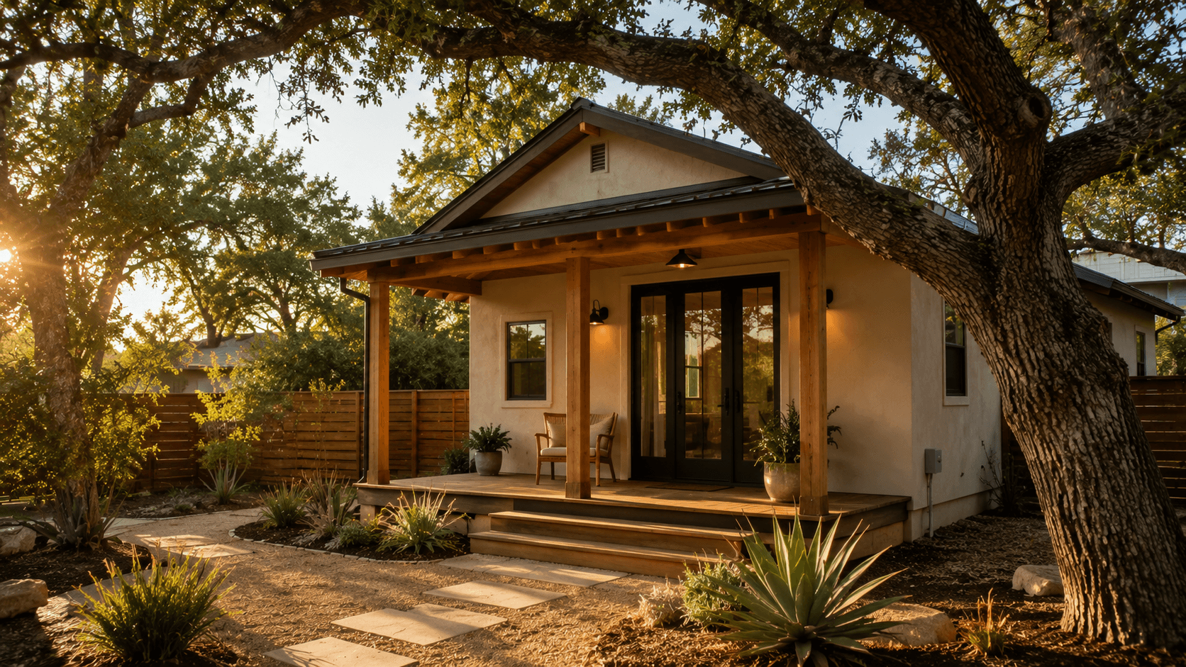 A well-designed detached accessory dwelling unit behind a main Austin residence, surrounded by mature oak trees in warm afternoon light