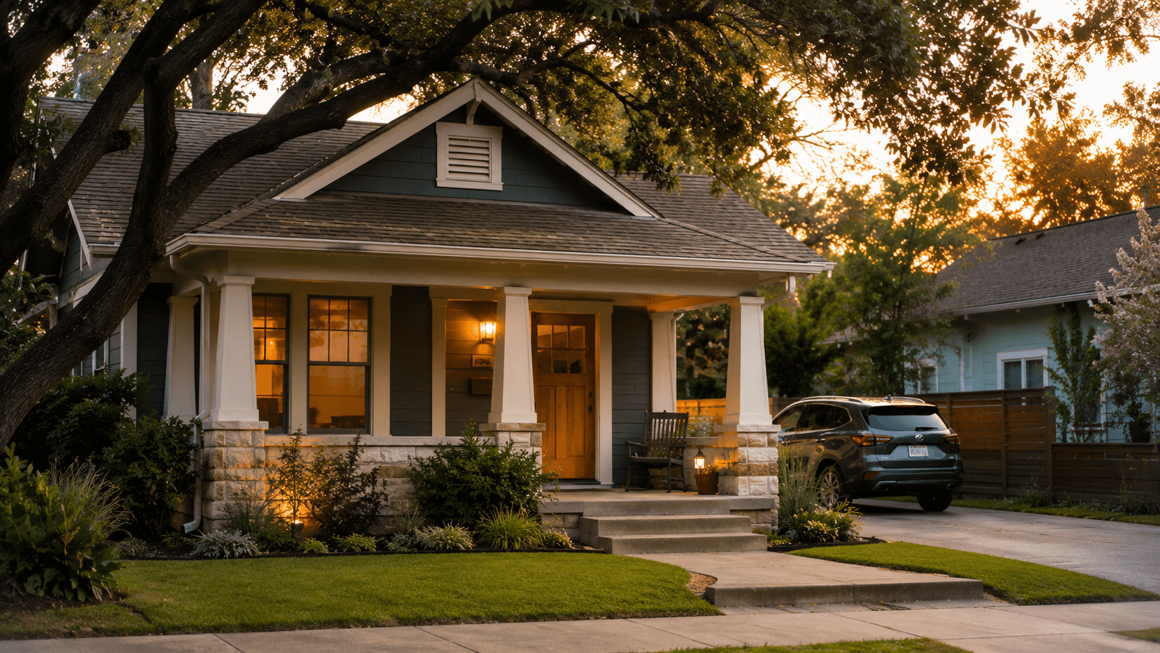 A well-kept Austin residential neighborhood street at golden hour, representing daily life and the real cost of living in the city