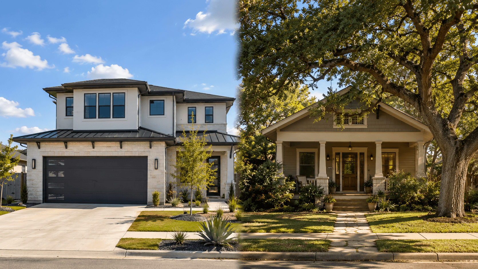Side-by-side view of a modern new construction home and a mature resale home on a tree-lined Austin street in natural daylight