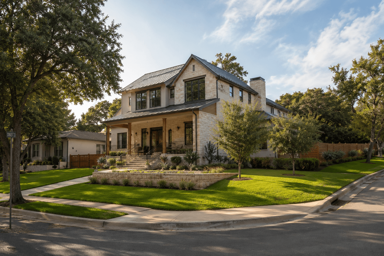 A well-proportioned Austin home on a corner lot with mature landscaping and strong curb appeal in soft natural daylight